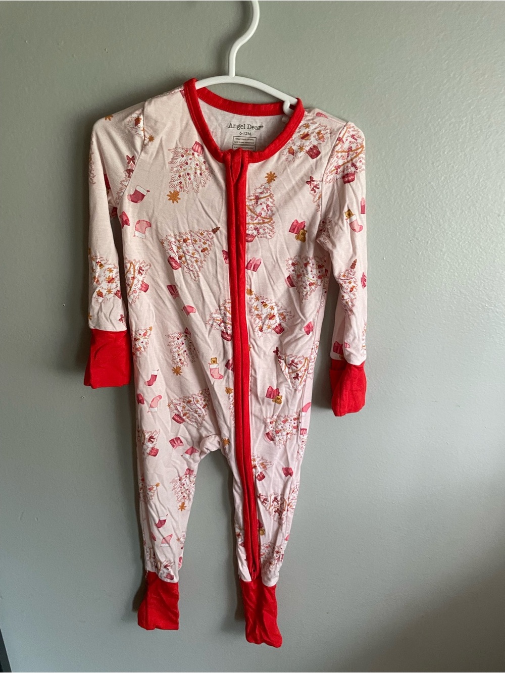 6/12 Months Angel Dear Pink Holiday Tree Print One-Piece Pajamas with Red Trim